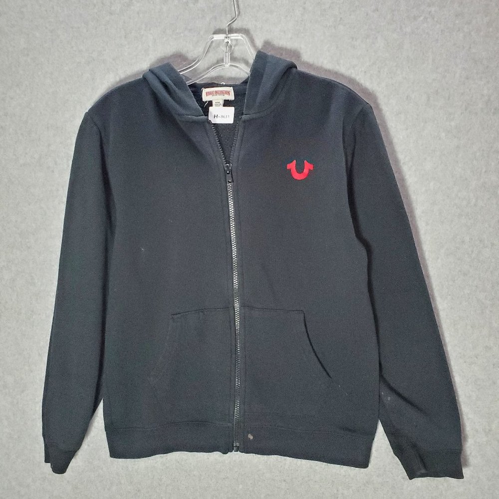 True Religion Women Sweatshirt‎ Medium Black Hoodie Logo Pockets Full Zip READ